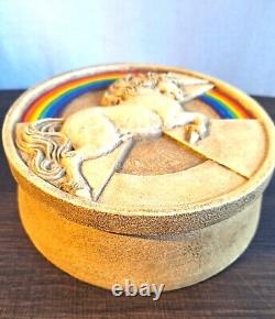 Vintage Large Resin Unicorn and Rainbow Round Lidded Box 8 1970s Retro