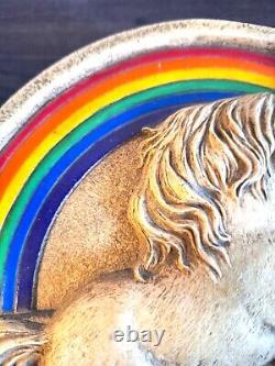 Vintage Large Resin Unicorn and Rainbow Round Lidded Box 8 1970s Retro