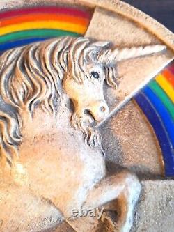 Vintage Large Resin Unicorn and Rainbow Round Lidded Box 8 1970s Retro