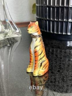 Vintage Limoges Box Peint Main Sitting Tiger Signed Cat Figurine