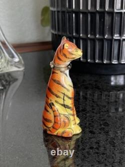 Vintage Limoges Box Peint Main Sitting Tiger Signed Cat Figurine