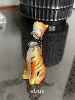 Vintage Limoges Box Peint Main Sitting Tiger Signed Cat Figurine