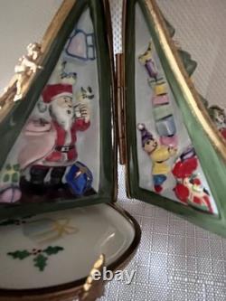 Vintage Limoges Double Hinged Christmas Tree French Porcelain Trinket Box Santa