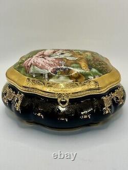 Vintage Limoges Fragonard France 22-Karat Gold Trinket Box Cobalt Royal Blue