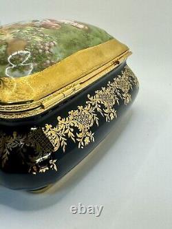 Vintage Limoges Fragonard France 22-Karat Gold Trinket Box Cobalt Royal Blue