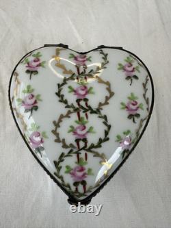 Vintage Limoges France Chamart Heart Shaped Trinket Box Pink Flowers gold scroll