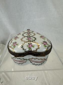 Vintage Limoges France Chamart Heart Shaped Trinket Box Pink Flowers gold scroll