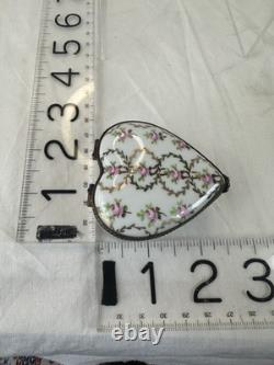 Vintage Limoges France Chamart Heart Shaped Trinket Box Pink Flowers gold scroll