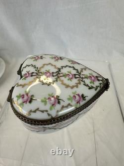 Vintage Limoges France Chamart Heart Shaped Trinket Box Pink Flowers gold scroll