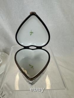Vintage Limoges France Chamart Heart Shaped Trinket Box Pink Flowers gold scroll