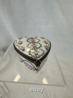 Vintage Limoges France Chamart Heart Shaped Trinket Box Pink Flowers gold scroll