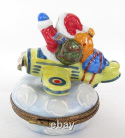 Vintage Limoges France Peint Main Santa Claus North Pole Airplane Trinket Box