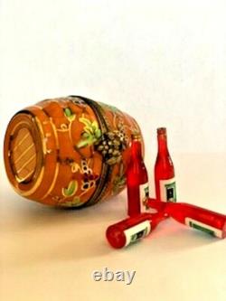 Vintage Limoges French Peint Main Porcelain Wine Barrel &4 Bottles Trinket Box