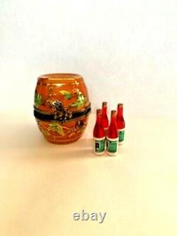 Vintage Limoges French Peint Main Porcelain Wine Barrel &4 Bottles Trinket Box