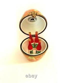 Vintage Limoges French Peint Main Porcelain Wine Barrel &4 Bottles Trinket Box