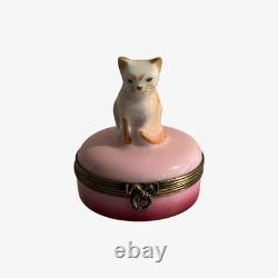 Vintage Limoges Ginger Cat Topped Pink Hinged Trinket Box Hand made In France