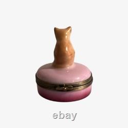 Vintage Limoges Ginger Cat Topped Pink Hinged Trinket Box Hand made In France