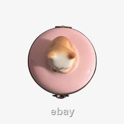 Vintage Limoges Ginger Cat Topped Pink Hinged Trinket Box Hand made In France