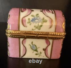Vintage Limoges Porcelain Pink Trunk Trinket Box Gold Trim Floral Design