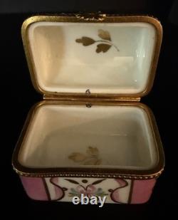 Vintage Limoges Porcelain Pink Trunk Trinket Box Gold Trim Floral Design