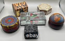 Vintage Lot of 6 Trinket Jewelry Boxes Various Sizes & Shapes Glass, Wood, beadw