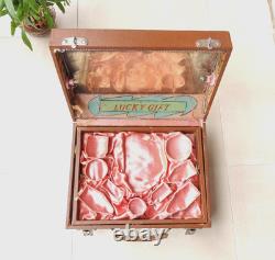 Vintage Lucky Gift Wooden Case Pink Satin Interior Mirrored Jewelry Vanity Box