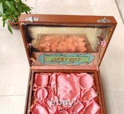 Vintage Lucky Gift Wooden Case Pink Satin Interior Mirrored Jewelry Vanity Box