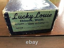 Vintage Lucky Louie 5 1/2 Plastic White Red Head Salmon Plug & Blue Box