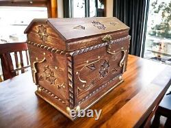 Vintage Luxury Royale Lockable Jewelry Wood Box Star Inlays Antique handmade