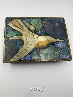 Vintage MCM Brass & Copper Box Hummingbird Mixed Metal Inlay Azurite Malachite