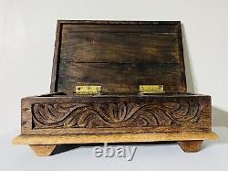 Vintage Mahogany Handmade African Carved Wooden Zanzibar Jewellery Chest Box