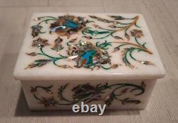Vintage Marble Trinket Jewelry Box + Lid INLAID SEMI PRECIOUS STONE LAPIS LAZULI