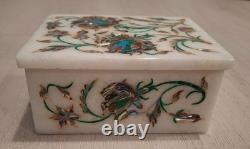 Vintage Marble Trinket Jewelry Box + Lid INLAID SEMI PRECIOUS STONE LAPIS LAZULI