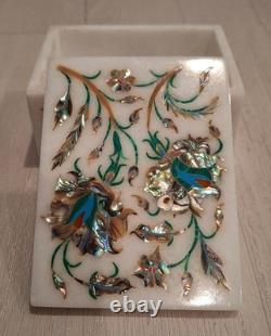 Vintage Marble Trinket Jewelry Box + Lid INLAID SEMI PRECIOUS STONE LAPIS LAZULI