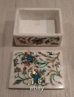 Vintage Marble Trinket Jewelry Box + Lid INLAID SEMI PRECIOUS STONE LAPIS LAZULI