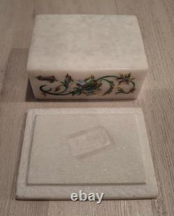 Vintage Marble Trinket Jewelry Box + Lid INLAID SEMI PRECIOUS STONE LAPIS LAZULI