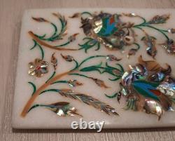 Vintage Marble Trinket Jewelry Box + Lid INLAID SEMI PRECIOUS STONE LAPIS LAZULI