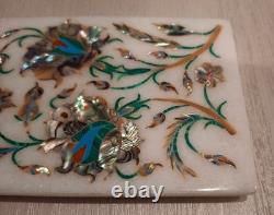 Vintage Marble Trinket Jewelry Box + Lid INLAID SEMI PRECIOUS STONE LAPIS LAZULI