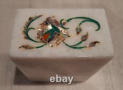 Vintage Marble Trinket Jewelry Box + Lid INLAID SEMI PRECIOUS STONE LAPIS LAZULI