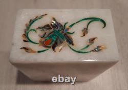 Vintage Marble Trinket Jewelry Box + Lid INLAID SEMI PRECIOUS STONE LAPIS LAZULI