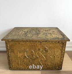 Vintage Mid-20th Century English Embossed Brass Log Box, with Rare Tavern Scenes