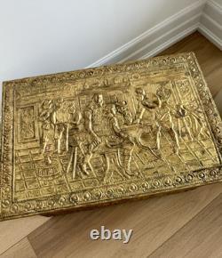 Vintage Mid-20th Century English Embossed Brass Log Box, with Rare Tavern Scenes