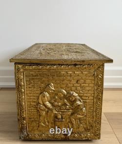 Vintage Mid-20th Century English Embossed Brass Log Box, with Rare Tavern Scenes