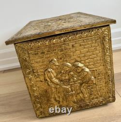 Vintage Mid-20th Century English Embossed Brass Log Box, with Rare Tavern Scenes