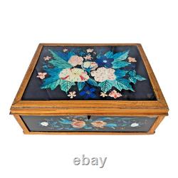 Vintage Mid-Century Floral Foilwork Glass Jewelry Trinket Box