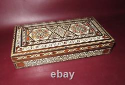 Vintage Middle East Style Ebony Flip Lid Box with Assorted Wood & Geometric Inlay
