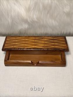 Vintage Moroccan Thuja Wood Geometric Inlay Desk Jewelry Keepsake Box Hinged Lid