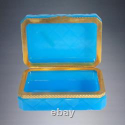 Vintage Murano Cenedese Blue Opaline Glass Crosshatch Art Glass Trinket Box+tags