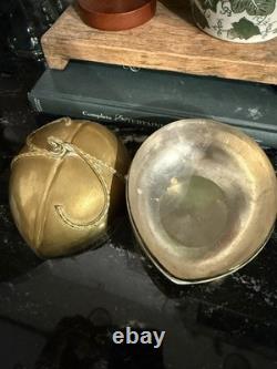 Vintage NEIMAN MARCUS Solid Brass Trinket Box Egg or Nut Shaped Ribbon Decor
