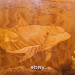 Vintage Noblev Wood Hawaiian Marquetry Dolphin Jewelry Box Exotic Wood Inlay